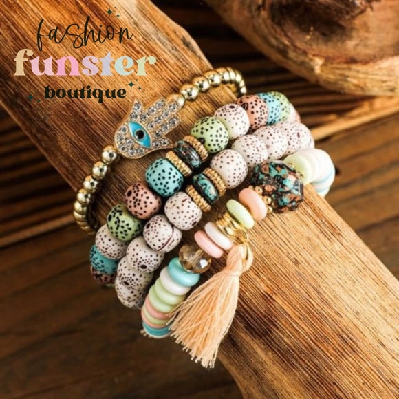 Hamsa Hand of Fatima Evil Eye Pastel Candy Colored Stackable Amulet Bracelet Set - Picture 5 of 9